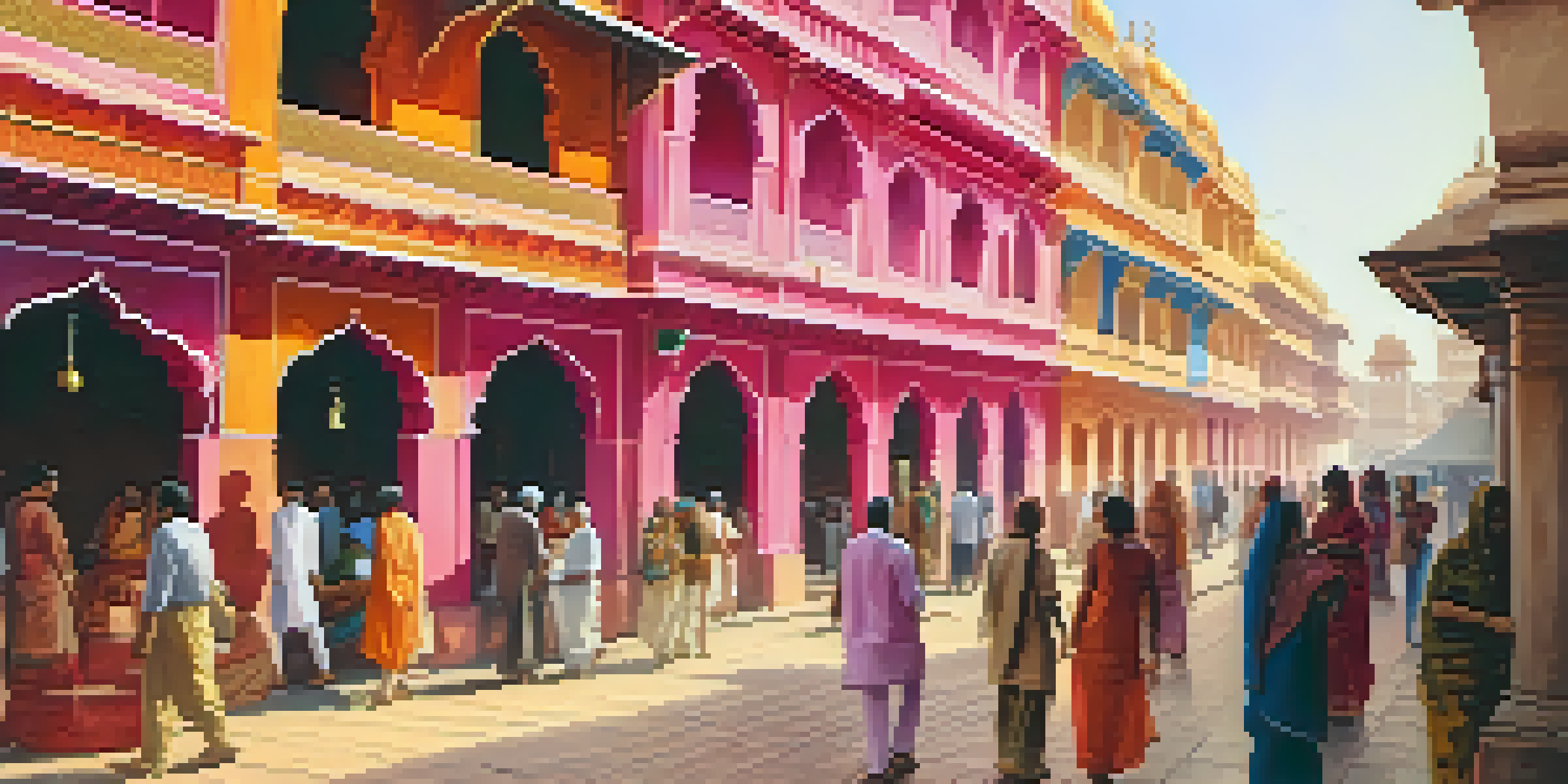A vibrant street in Jaipur with pink buildings, locals going about their day, and colorful market stalls under soft morning light.