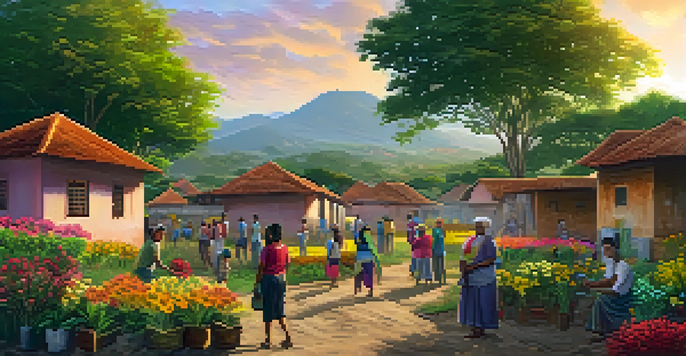 A diverse group of volunteers working together to build a school in a vibrant green village during sunset.