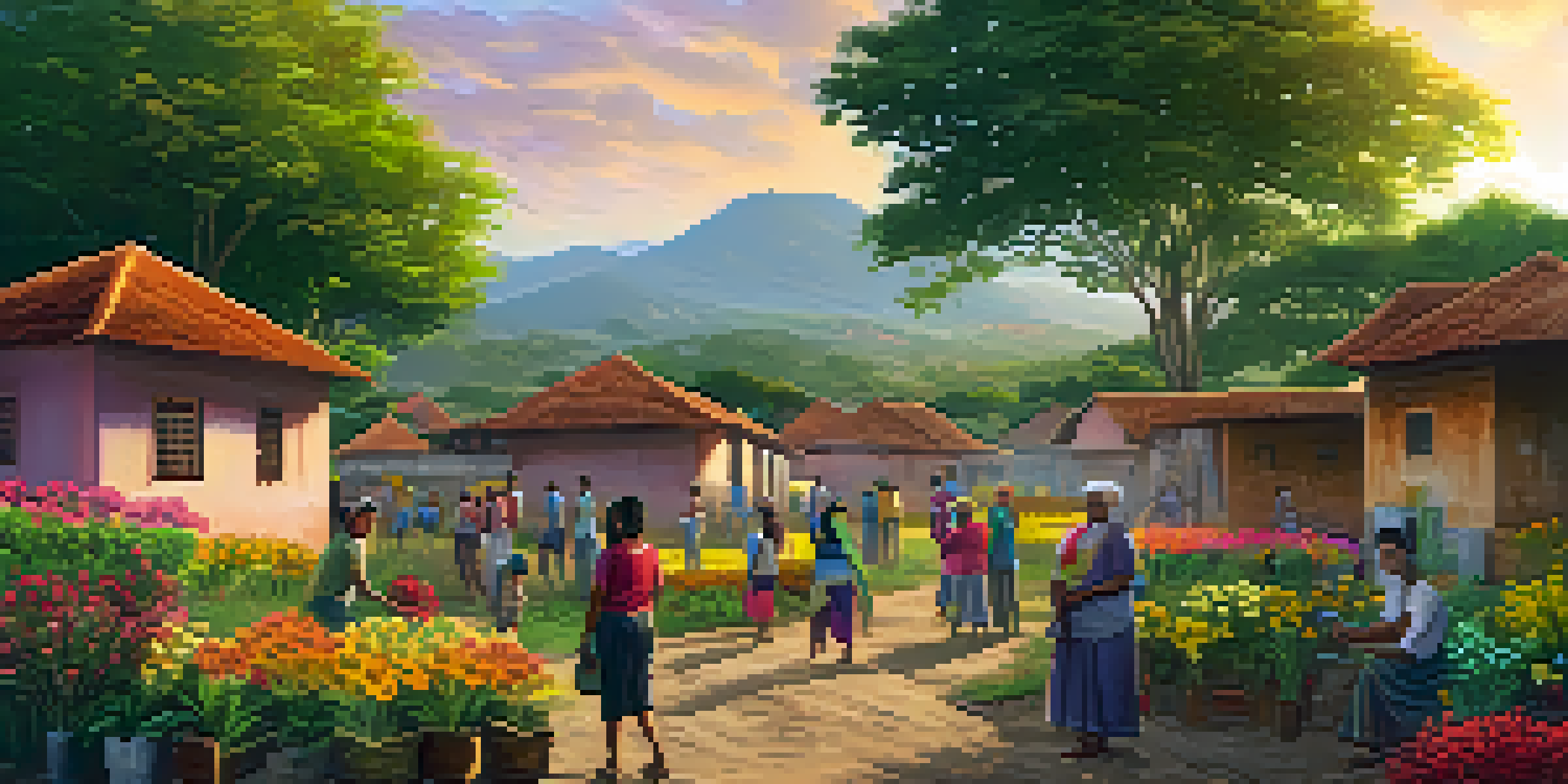 A diverse group of volunteers working together to build a school in a vibrant green village during sunset.