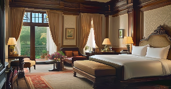 A beautifully decorated hotel room with vintage furniture and intricate wooden carvings, large windows overlooking gardens, illuminated by warm lighting.