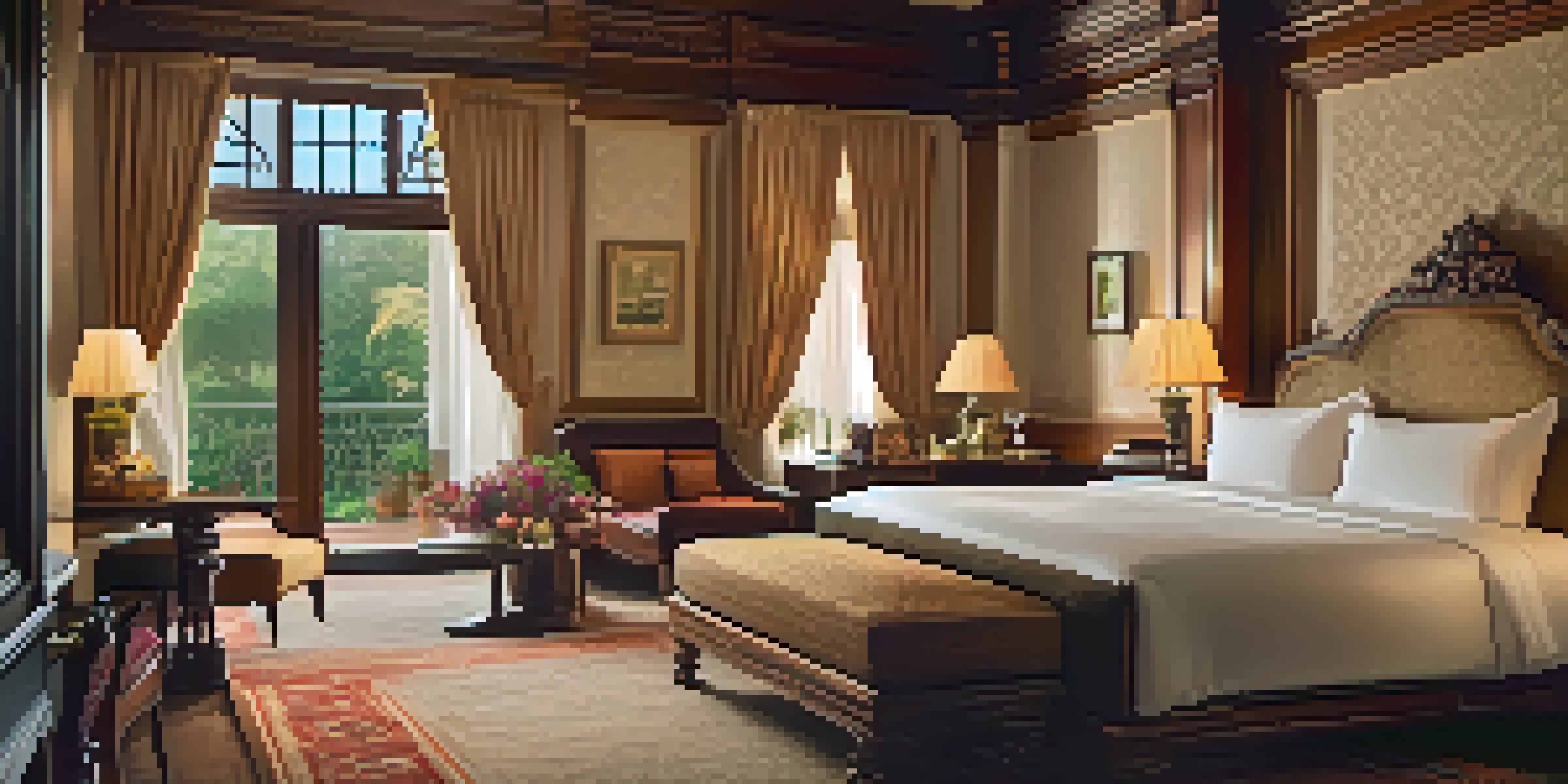 A beautifully decorated hotel room with vintage furniture and intricate wooden carvings, large windows overlooking gardens, illuminated by warm lighting.