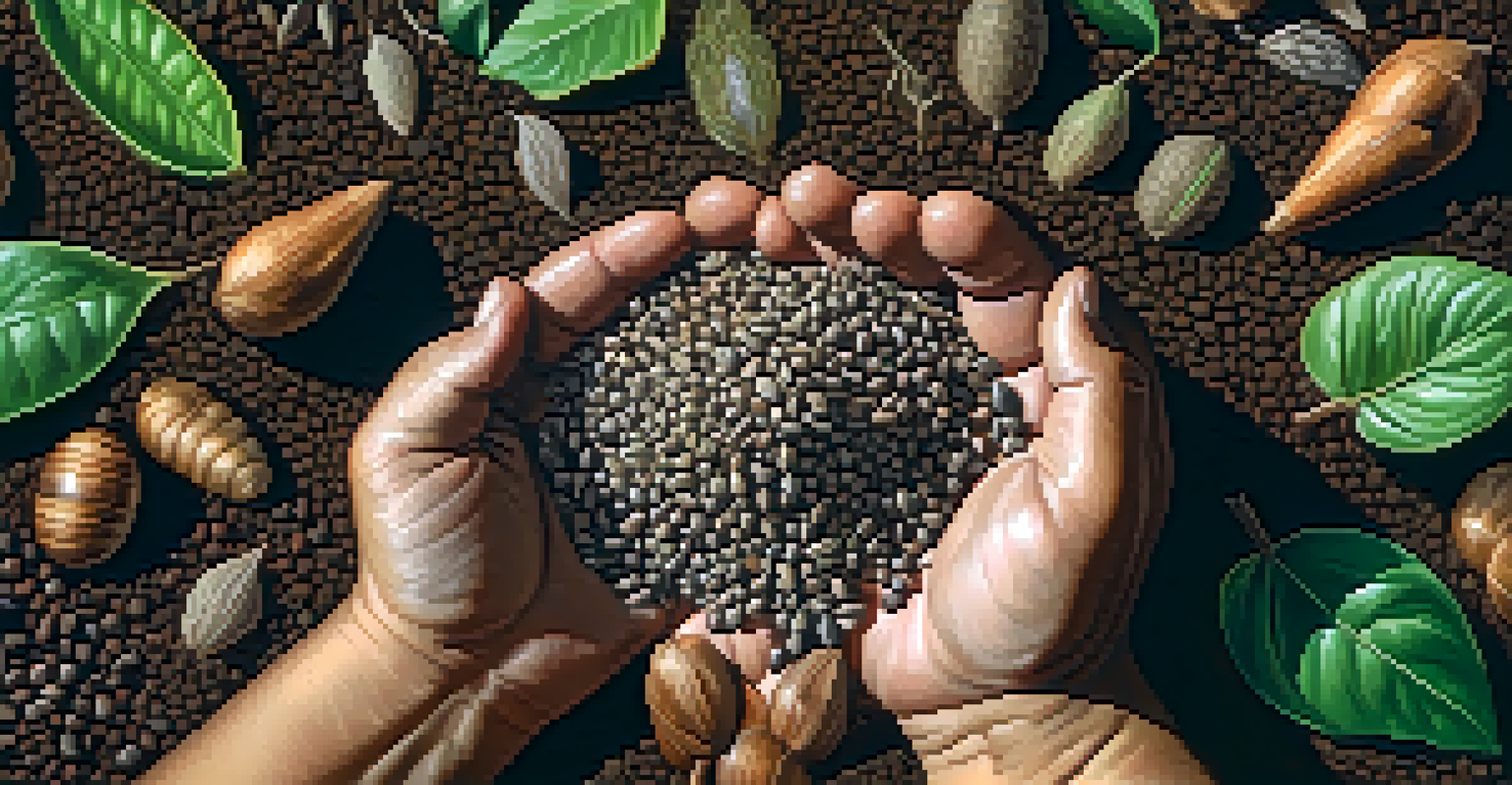 Close-up of hands holding indigenous seeds surrounded by soil and green leaves, highlighting biodiversity in agriculture.