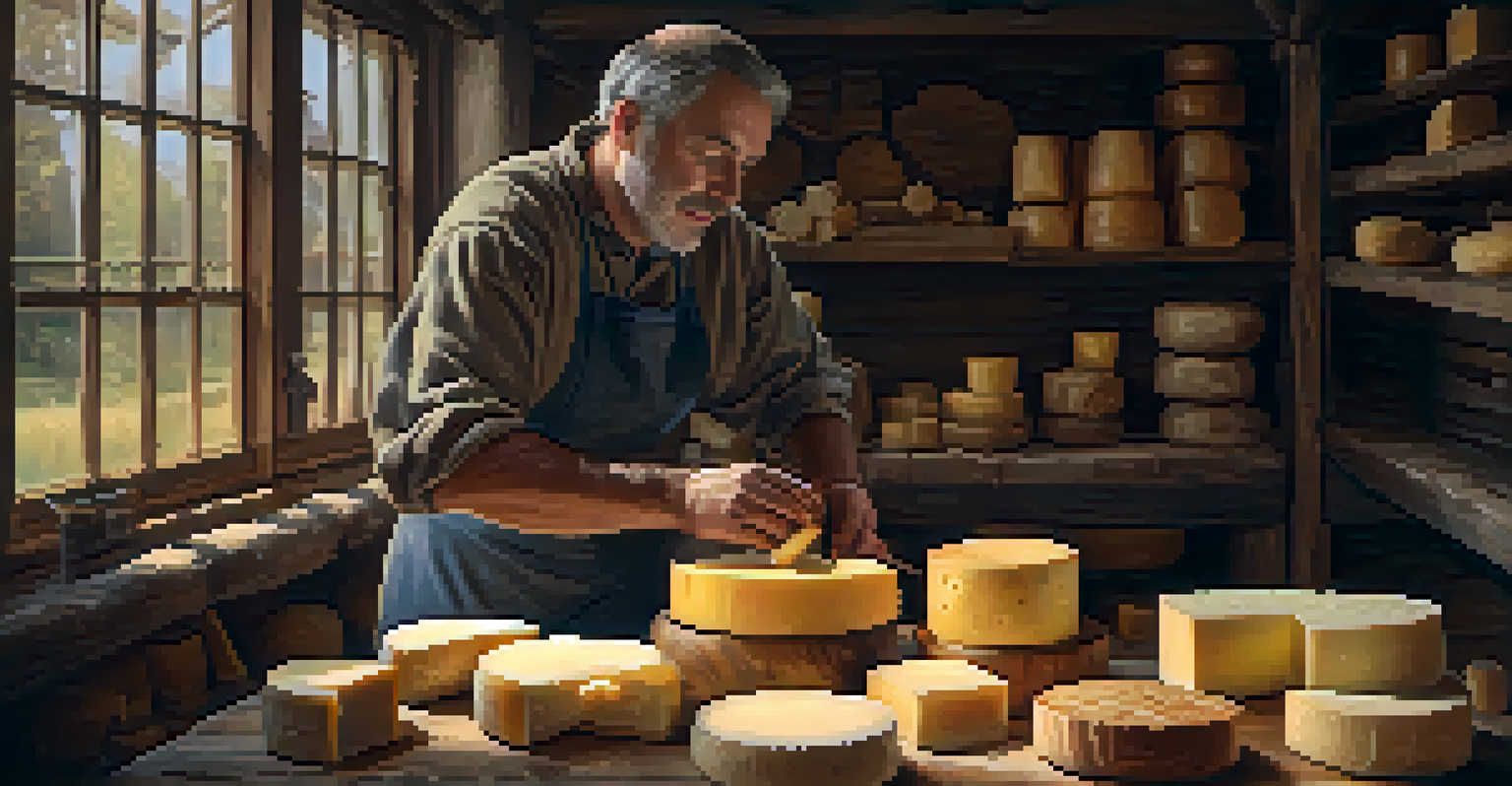 An artisan cheese maker crafting cheese in a rustic workshop filled with shelves of different cheeses and soft natural light.