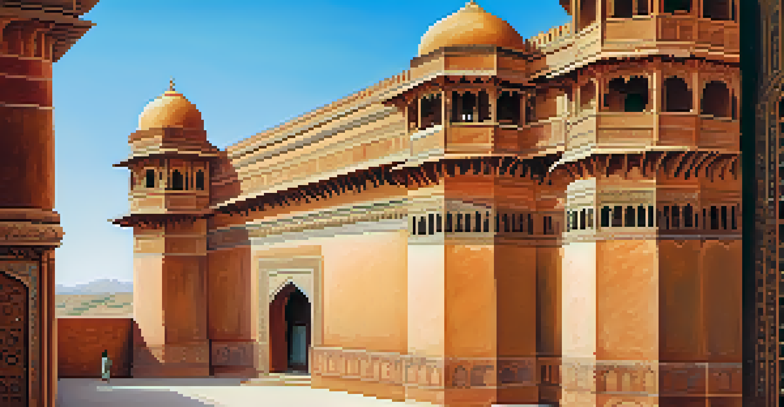 Close-up of a beautifully carved Rajasthani fort, featuring intricate details and vibrant colors under a blue sky.
