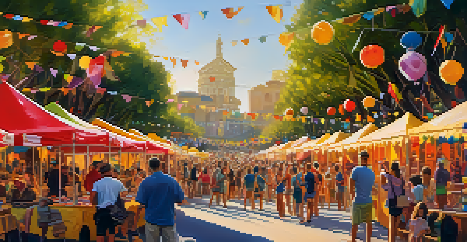 A lively outdoor art festival with artists creating artworks and festival-goers exploring installations under a sunset sky.
