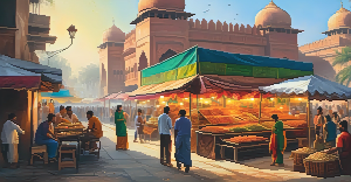 A lively North Indian street food market with colorful stalls and people enjoying various dishes.