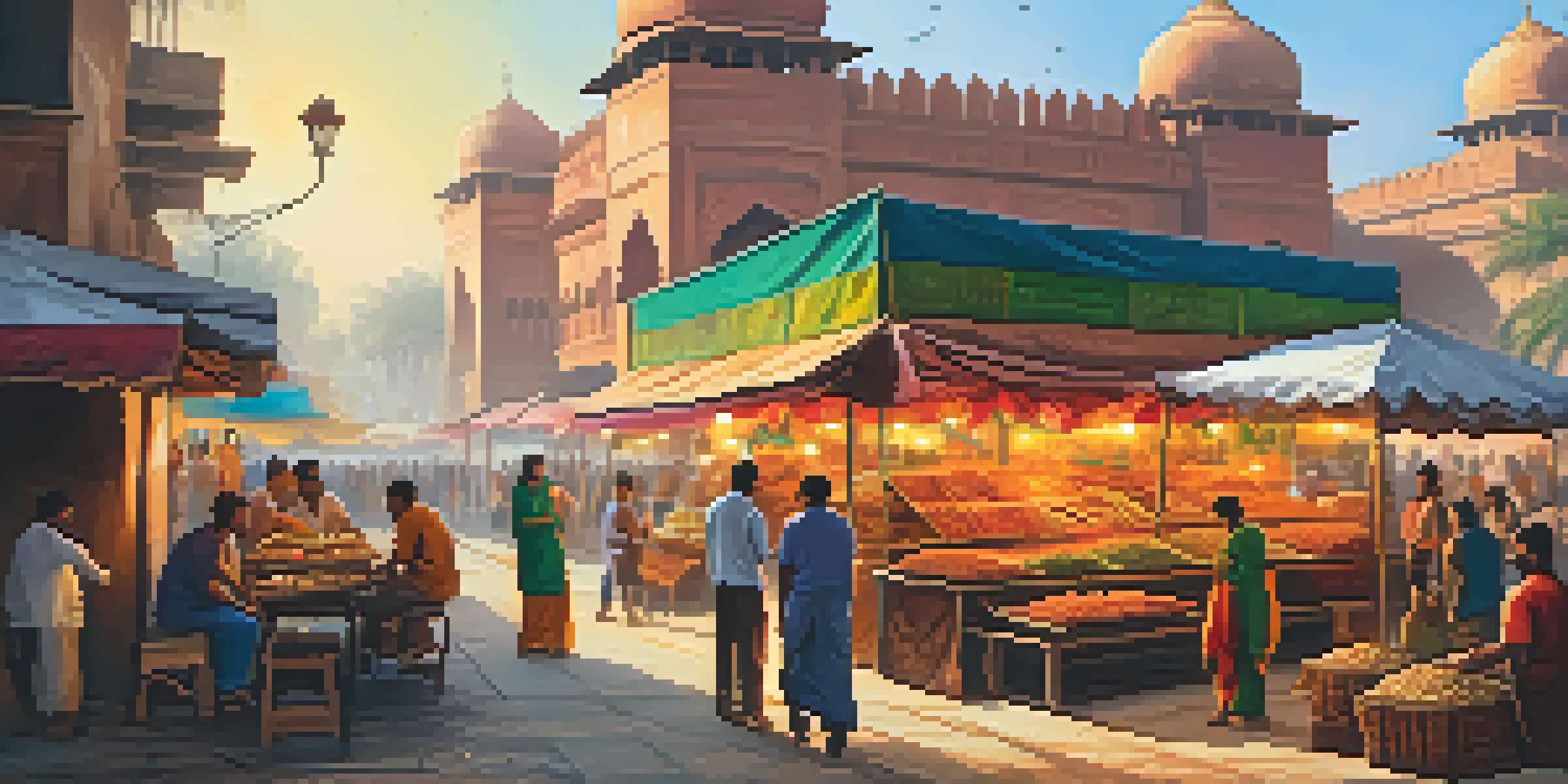 A lively North Indian street food market with colorful stalls and people enjoying various dishes.