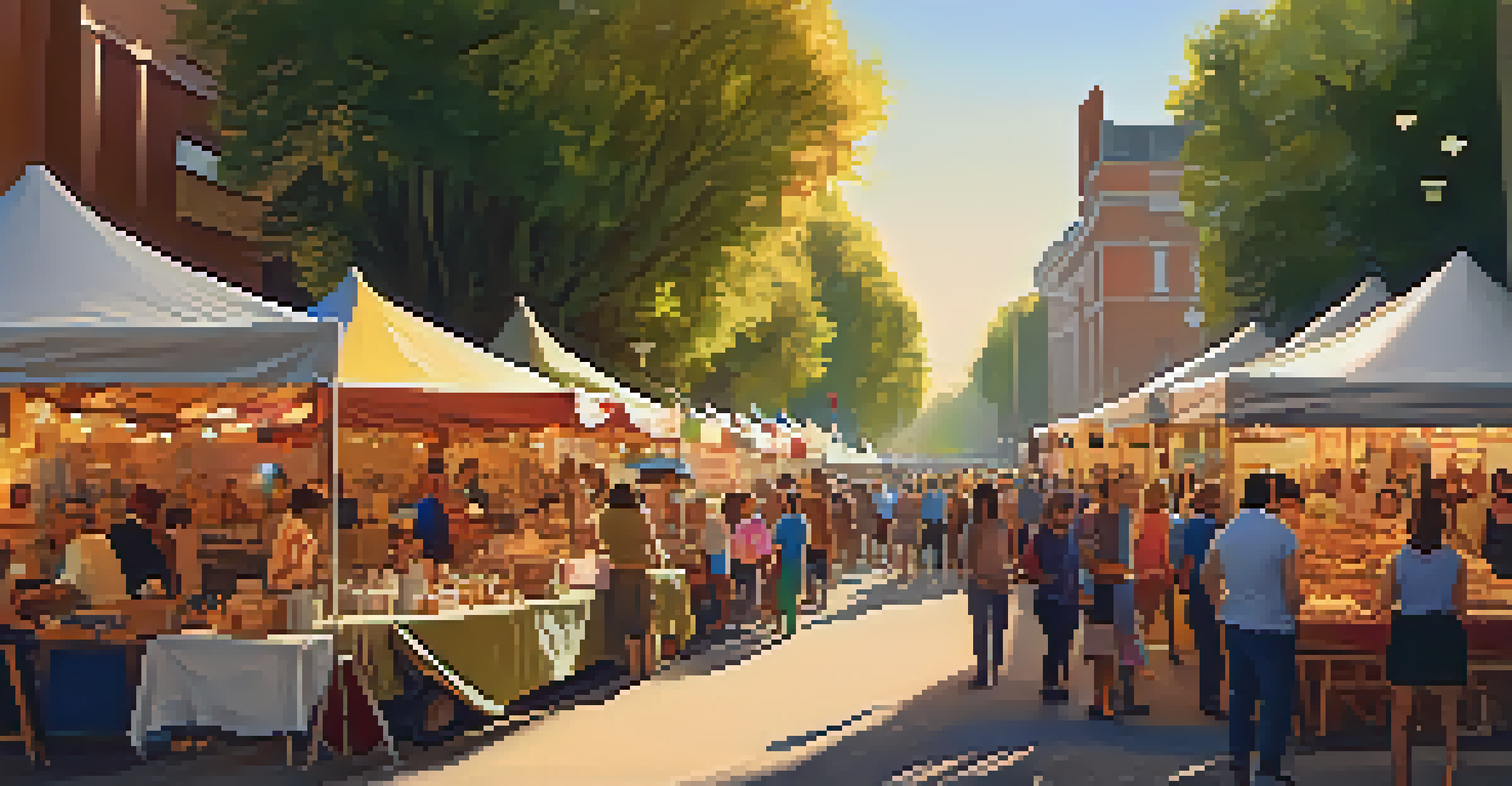 A bustling street view of an art festival with local vendors selling crafts, live music, and a diverse crowd enjoying the sunset ambiance.