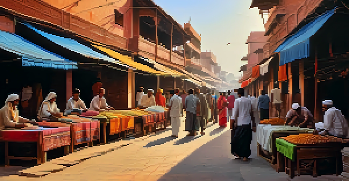 A bustling marketplace in Agra with artisans showcasing colorful textiles and marble crafts under warm sunlight.