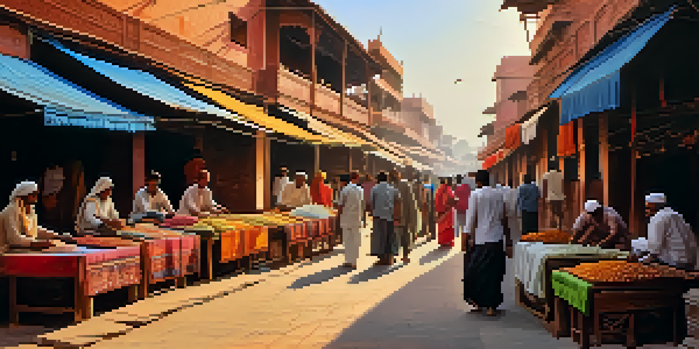 A bustling marketplace in Agra with artisans showcasing colorful textiles and marble crafts under warm sunlight.