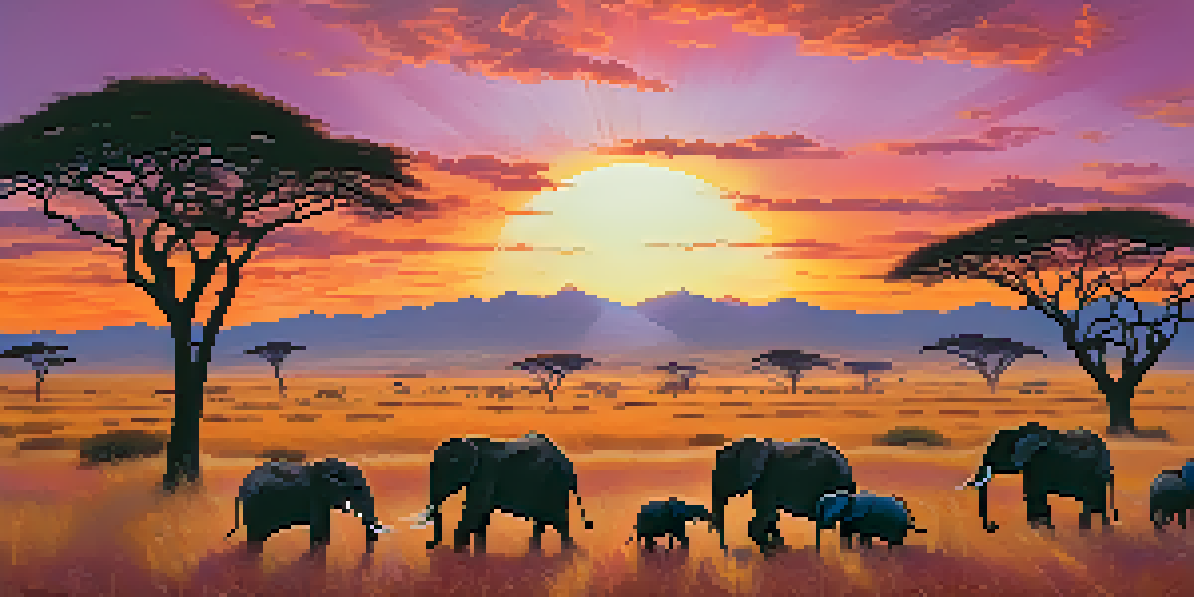 A stunning sunset over the Serengeti, featuring acacia trees and elephants in the distance, with a colorful sky.