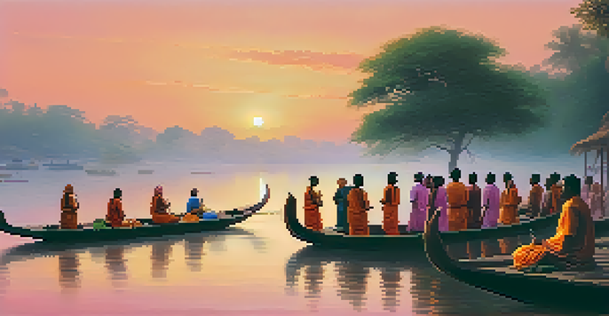 A peaceful scene of the Ganges River at dawn with devotees performing rituals along the riverbank against a backdrop of traditional Indian buildings and greenery.