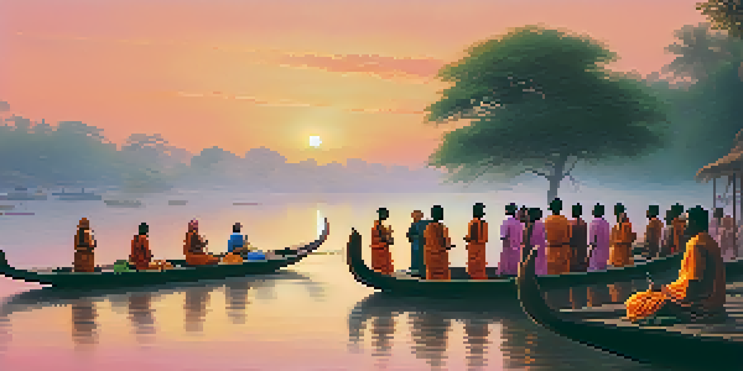 A peaceful scene of the Ganges River at dawn with devotees performing rituals along the riverbank against a backdrop of traditional Indian buildings and greenery.