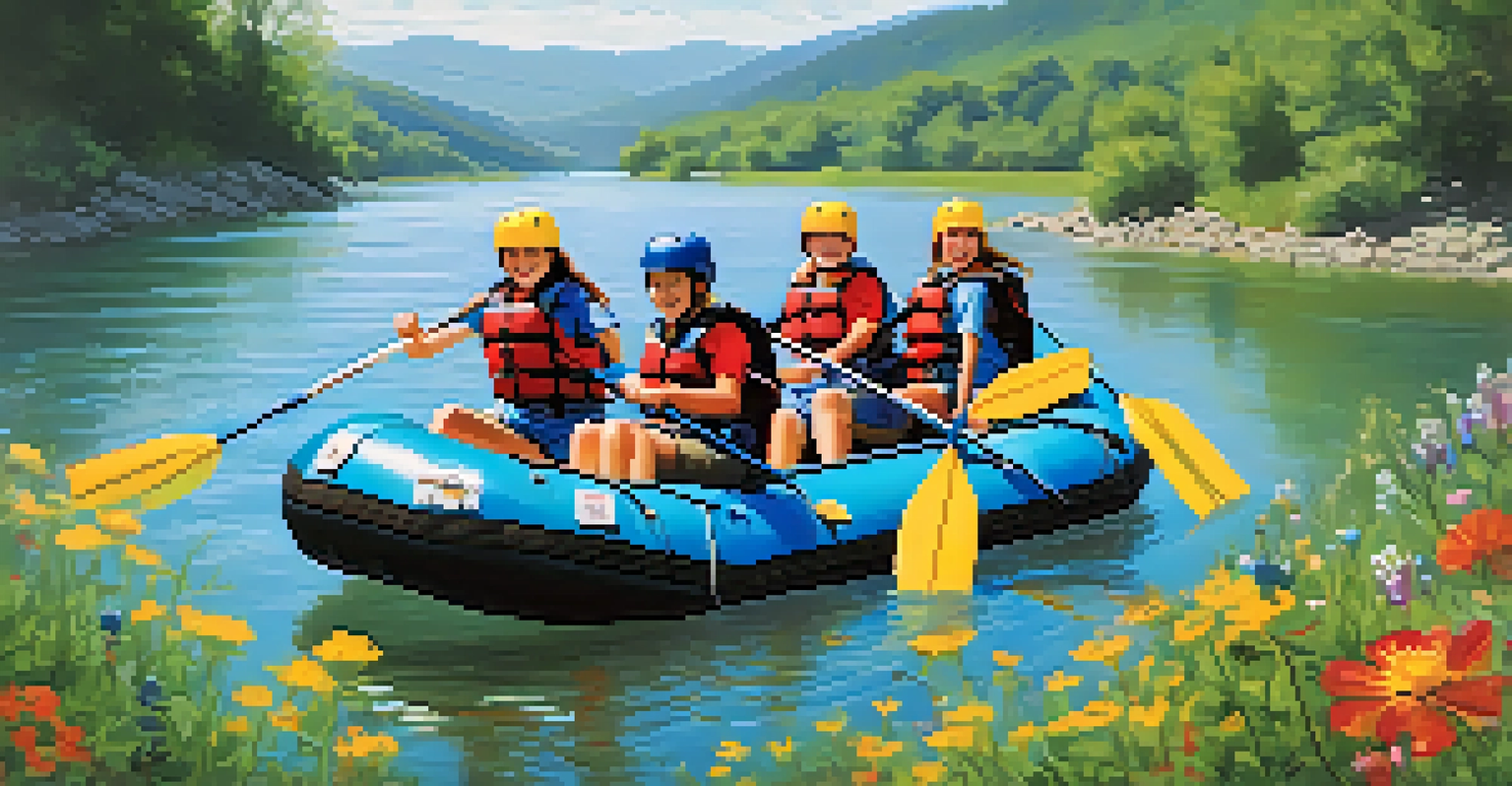 A family enjoying a calm rafting trip on a river, surrounded by colorful flowers and gentle hills under a clear blue sky.
