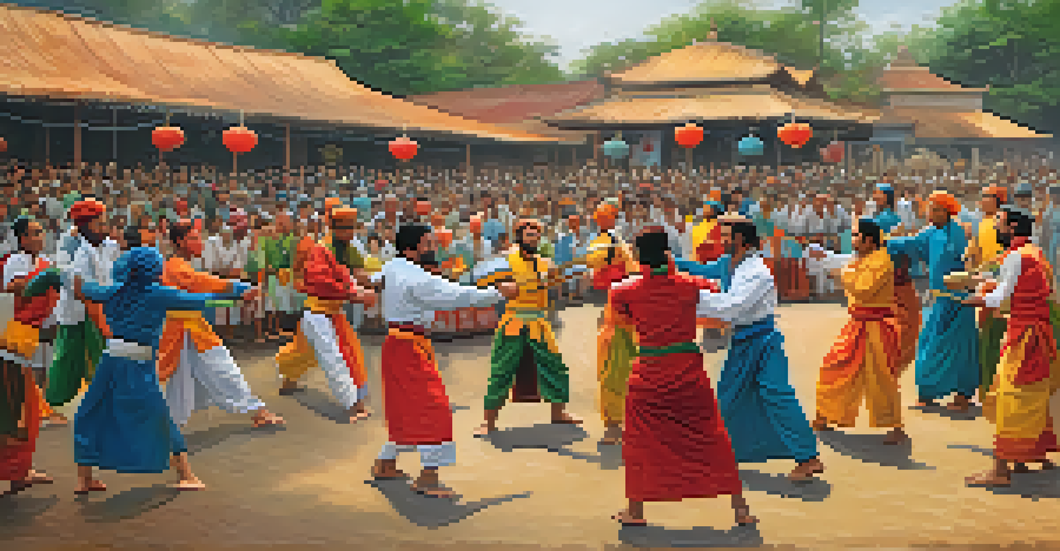 A community event showcasing Chowk Sparring, with practitioners of various ages sparring and an audience enjoying the lively atmosphere with colorful decorations.