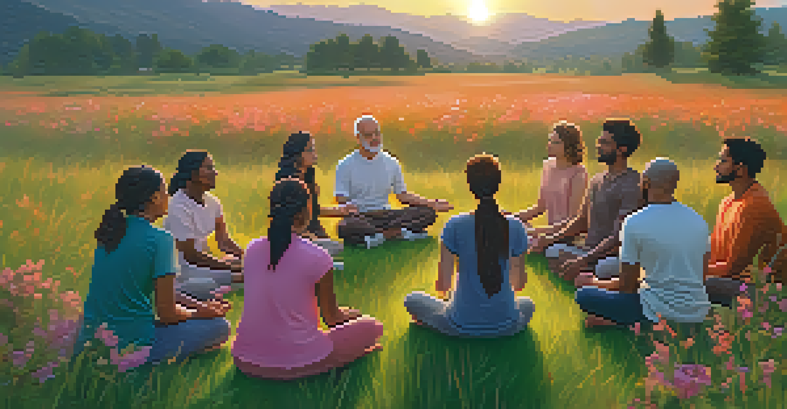 A group of people meditating in a circle on a meadow during sunset.