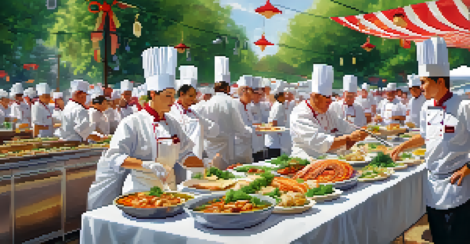 Chefs participating in a culinary competition at a food festival, with spectators watching in a festive atmosphere.