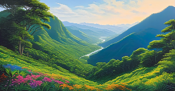 A wide landscape of the Western Ghats with green mountains and colorful wildflowers in the foreground, under a clear blue sky.