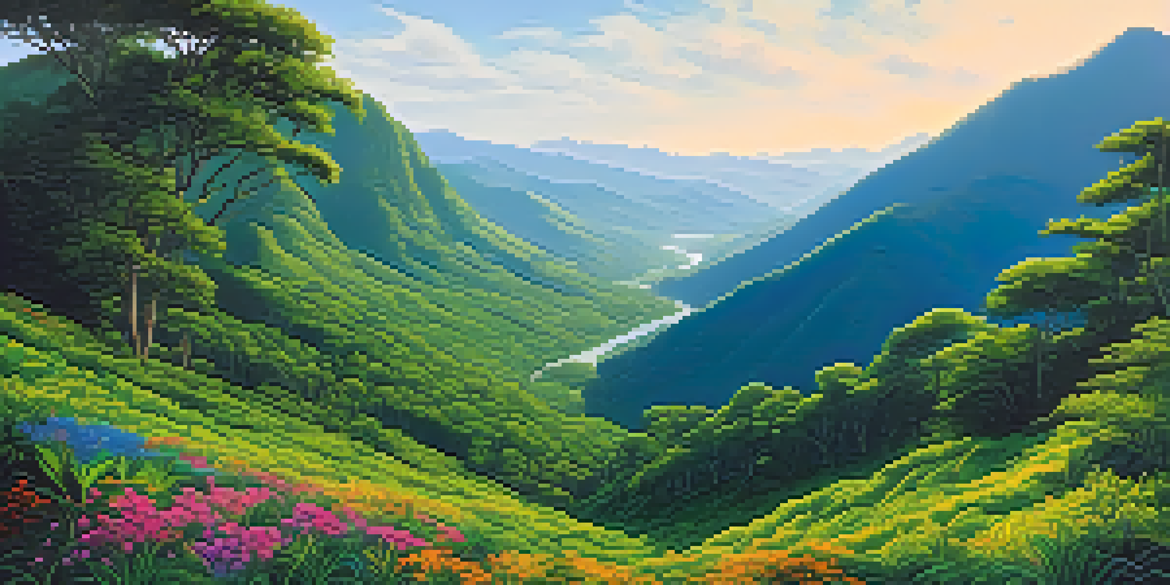 A wide landscape of the Western Ghats with green mountains and colorful wildflowers in the foreground, under a clear blue sky.