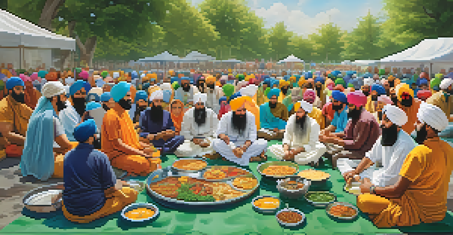 A community gathering enjoying a meal together during a Sikh festival, highlighting unity and joy with vibrant dishes.