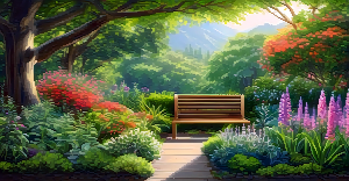 A vibrant Ayurvedic garden filled with medicinal herbs, colorful flowers, and a wooden bench under a tree with sunlight filtering through the leaves.