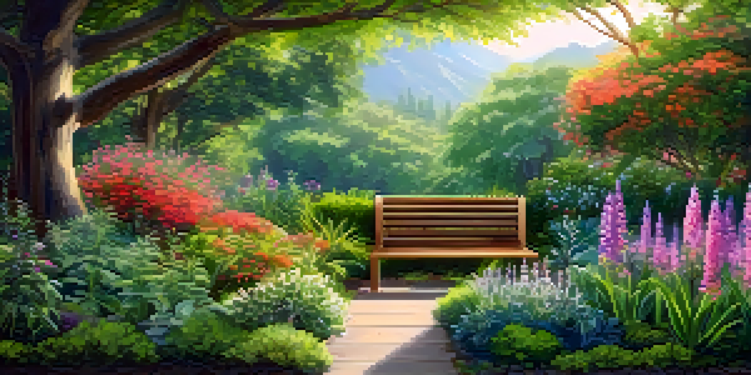 A vibrant Ayurvedic garden filled with medicinal herbs, colorful flowers, and a wooden bench under a tree with sunlight filtering through the leaves.