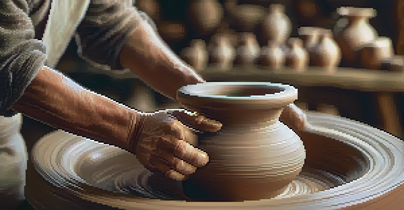 A potter shaping clay on a wheel, surrounded by shelves of colorful pottery, with natural light emphasizing the textures.