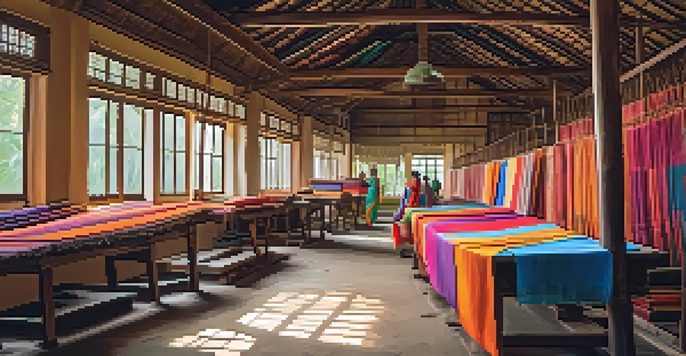 Artisans weaving colorful sarees in a traditional handloom workshop in Kerala, with intricate patterns and warm lighting.