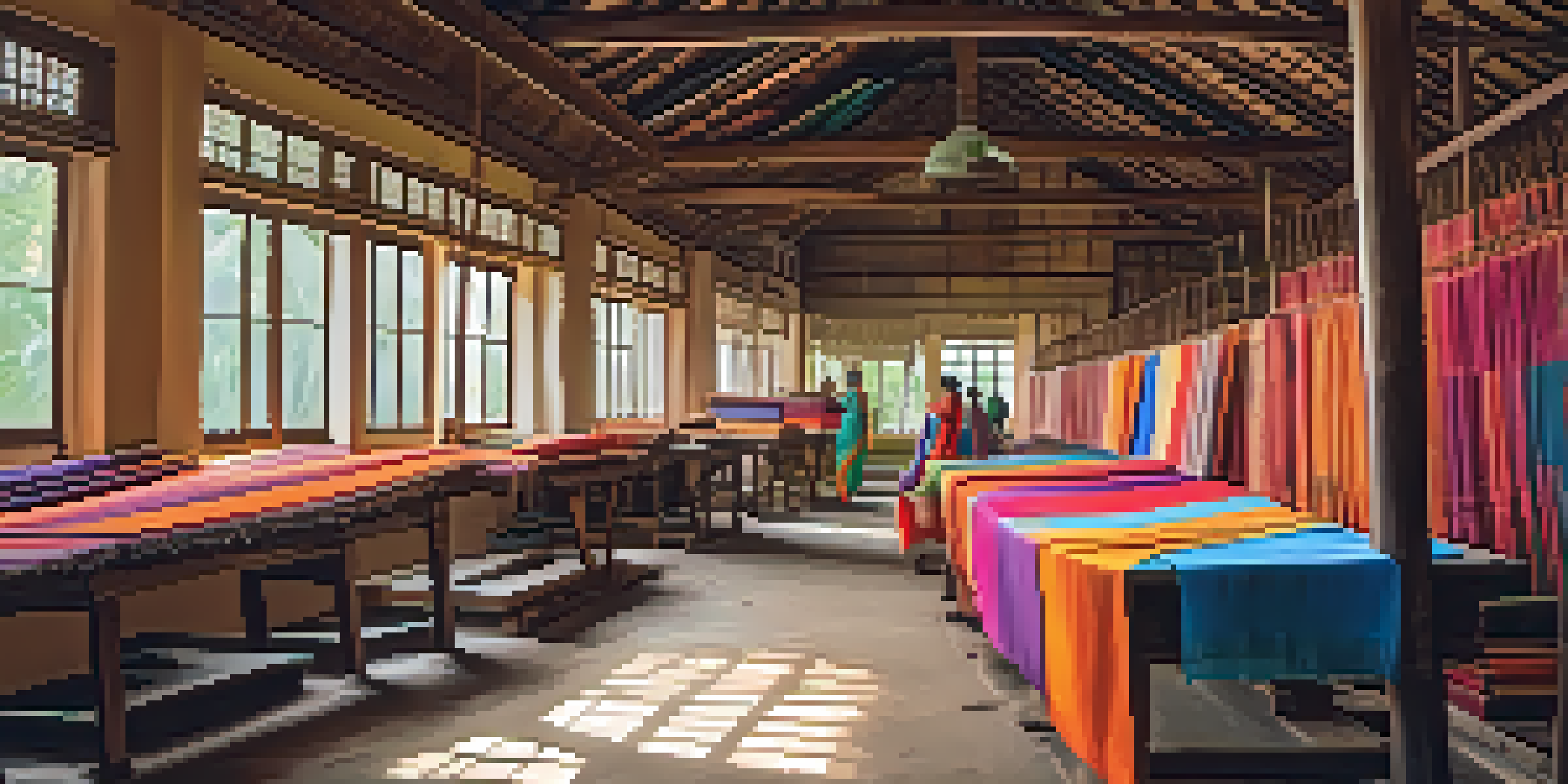 Artisans weaving colorful sarees in a traditional handloom workshop in Kerala, with intricate patterns and warm lighting.