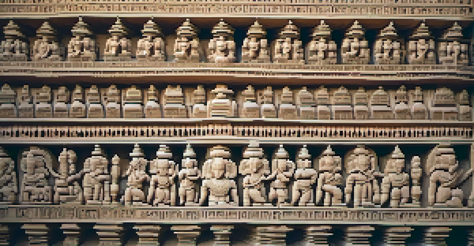 Close-up of intricate stone carvings on a Khajuraho temple, highlighting detailed sculptures and textures.