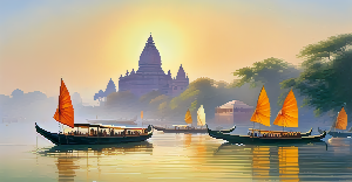 A peaceful morning view of the Ganges River with boats and temples, illuminated by the rising sun.