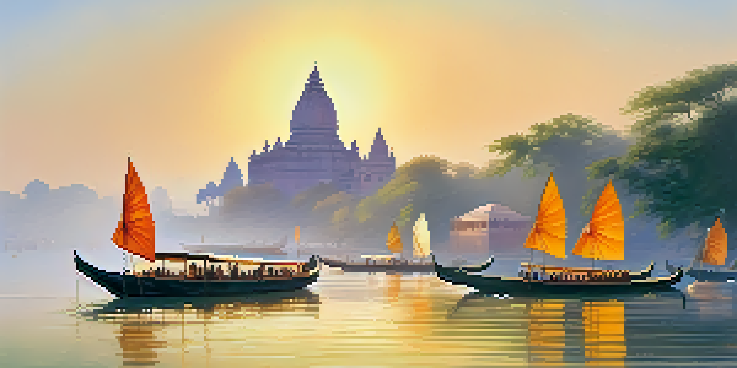 A peaceful morning view of the Ganges River with boats and temples, illuminated by the rising sun.