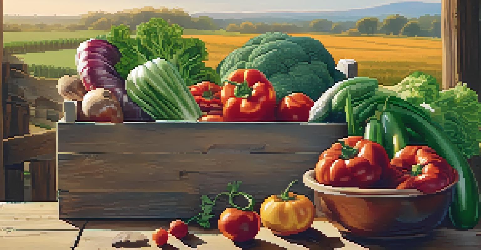 A farmer's hands holding freshly harvested organic vegetables against a rustic wooden table and farm landscape.