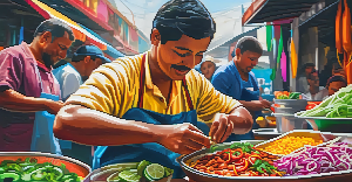 A street food vendor assembling spicy tacos at a lively bazaar, with fresh ingredients and colorful decorations around.