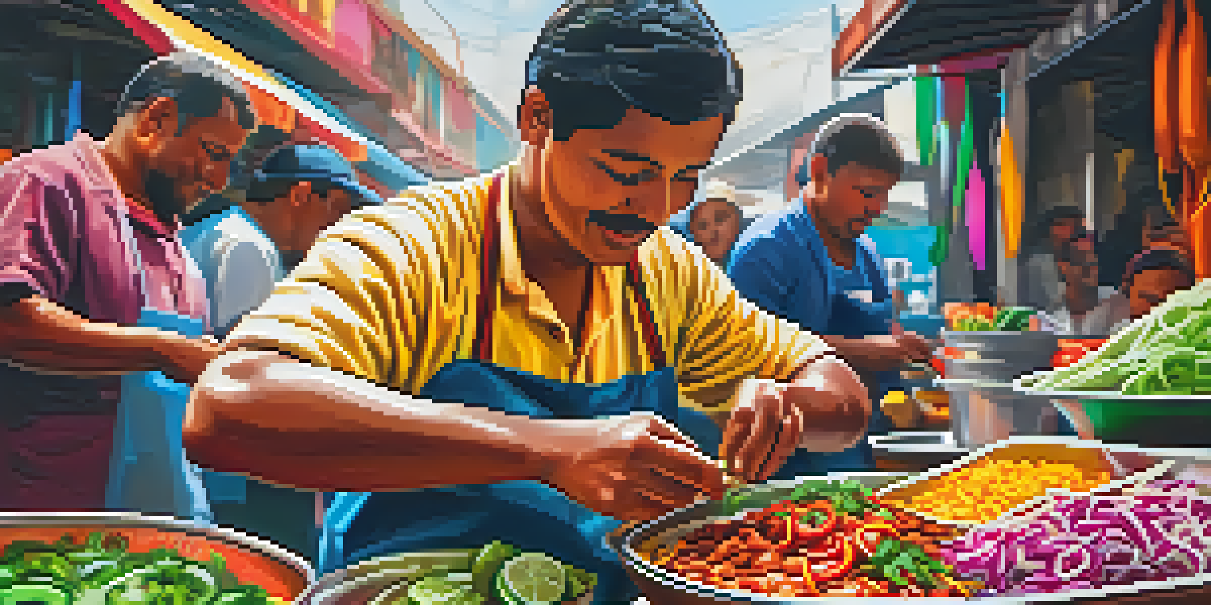 A street food vendor assembling spicy tacos at a lively bazaar, with fresh ingredients and colorful decorations around.