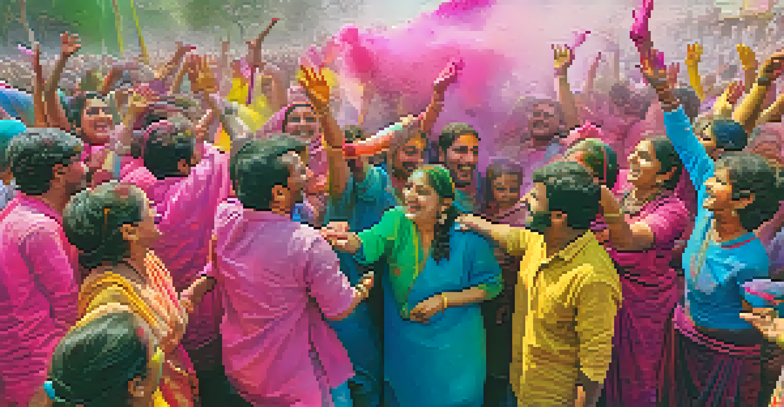 A vibrant Holi celebration with people joyfully throwing colored powders in the air.