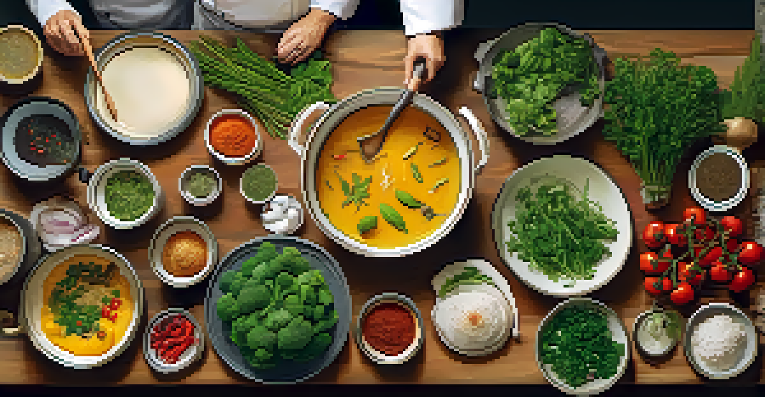 A cozy kitchen table filled with fresh ingredients for a cooking class, with a chef's hands preparing a dish in a warm and inviting setting.