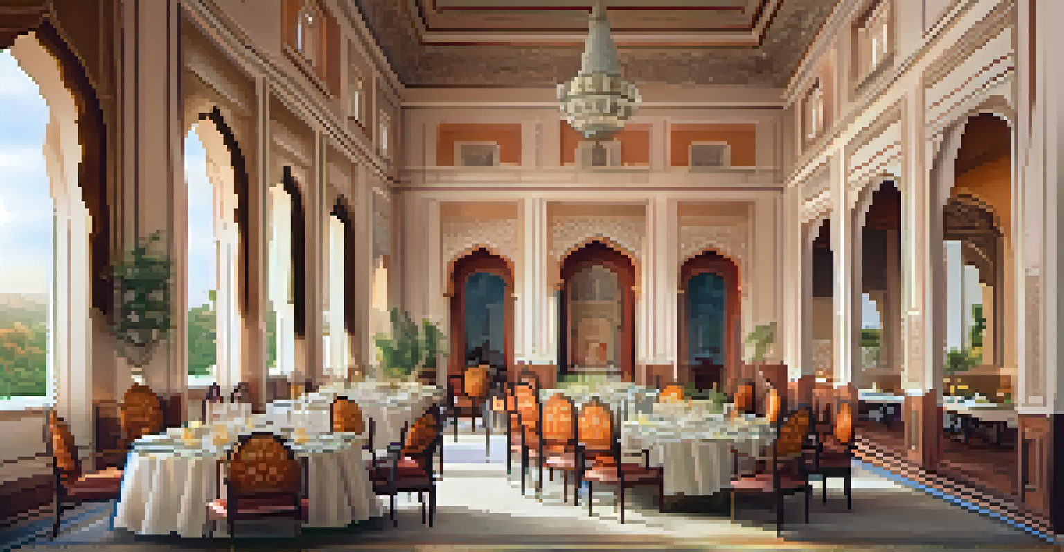 A lavish dining table set in Rambagh Palace, Jaipur, displaying traditional Rajasthani dishes amidst the palace's elegant interiors.