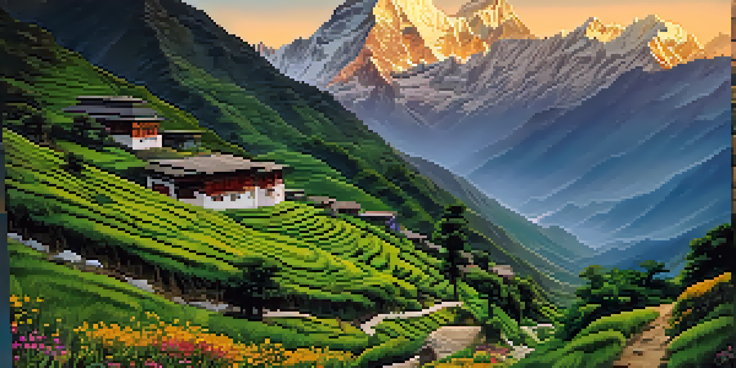 A scenic view of the Himalayas at sunrise with a trekking path, wildflowers, and trekkers in the foreground.