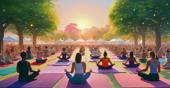 A diverse group of people practicing yoga at an outdoor festival during sunrise, surrounded by greenery and colorful decorations.