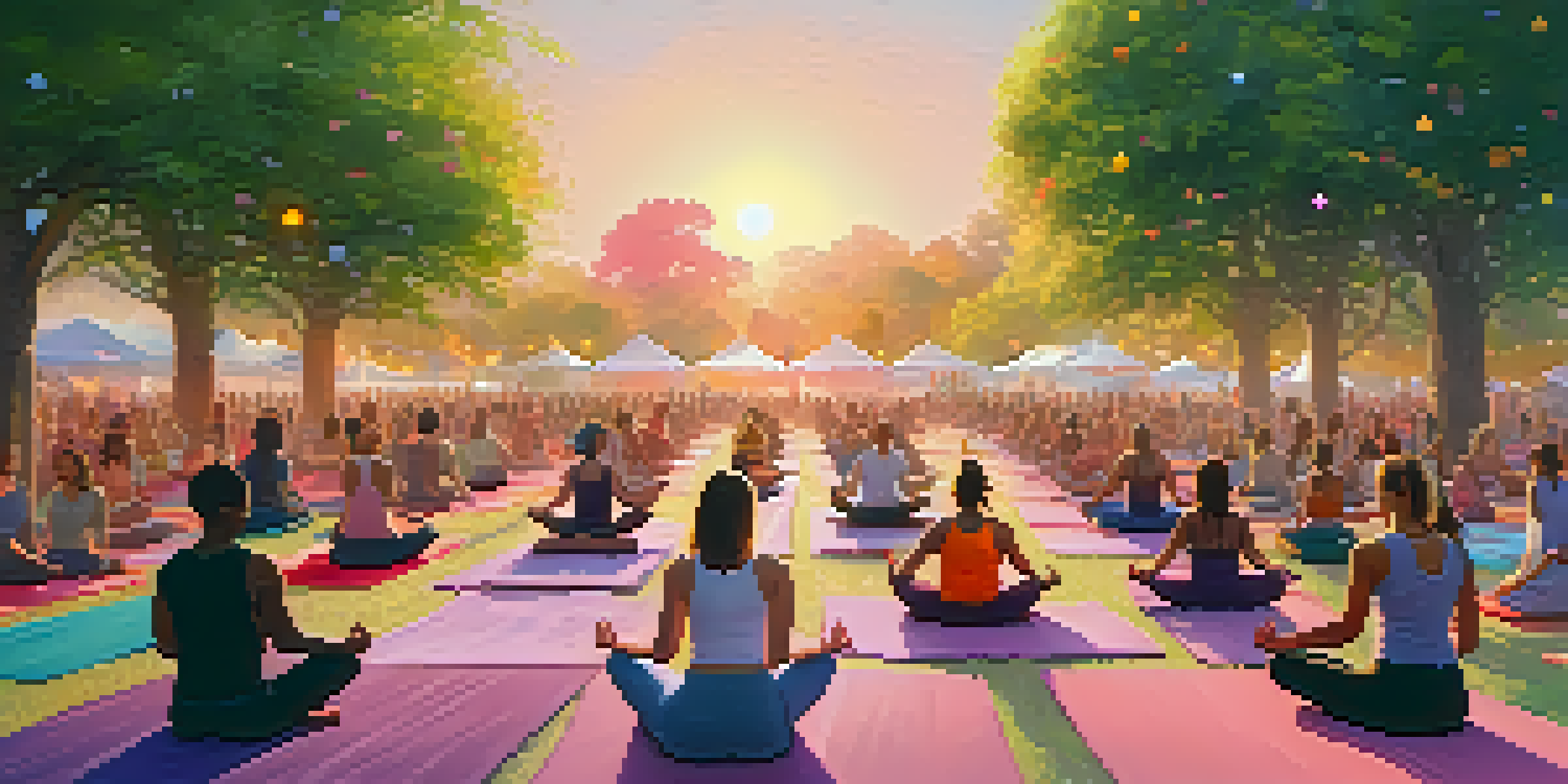 A diverse group of people practicing yoga at an outdoor festival during sunrise, surrounded by greenery and colorful decorations.