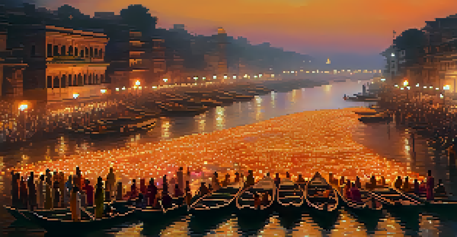 Thousands of diyas floating on the Ganges River during Diwali in Varanasi, with devotees participating in rituals along the riverbank.