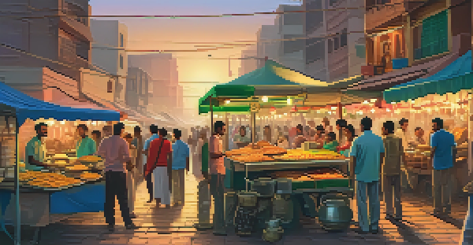 A lively street food market in North India with colorful stalls serving various dishes, filled with people enjoying their meals in warm evening light.