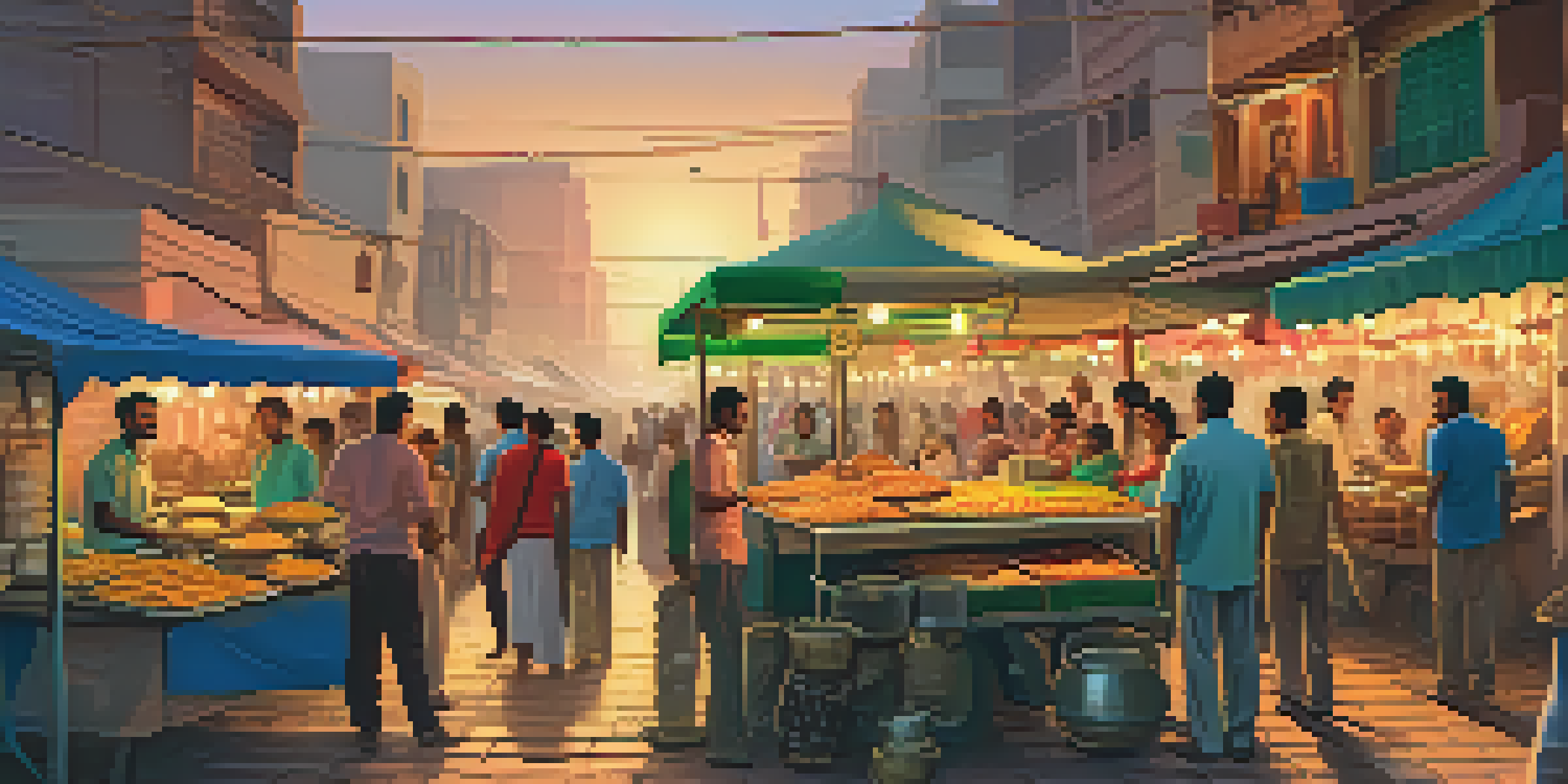 A lively street food market in North India with colorful stalls serving various dishes, filled with people enjoying their meals in warm evening light.