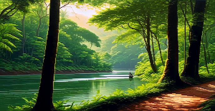 A peaceful forest scene in Kerala with green trees and a river, featuring a local guide leading travelers.