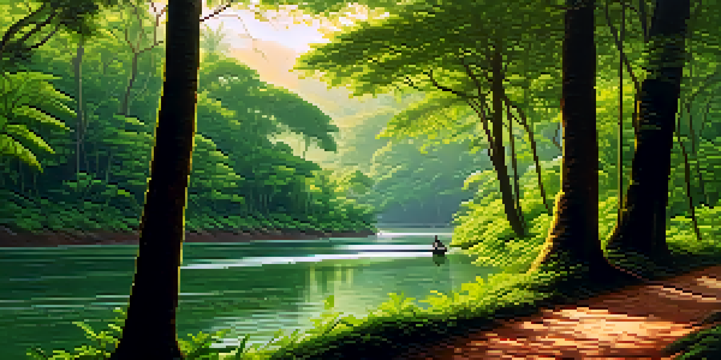 A peaceful forest scene in Kerala with green trees and a river, featuring a local guide leading travelers.