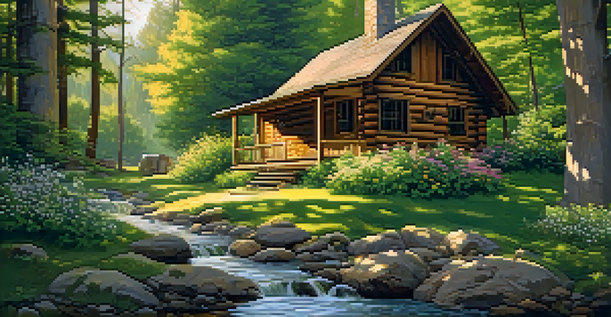 A peaceful forest cabin surrounded by tall trees and colorful flowers, with sunlight filtering through leaves.