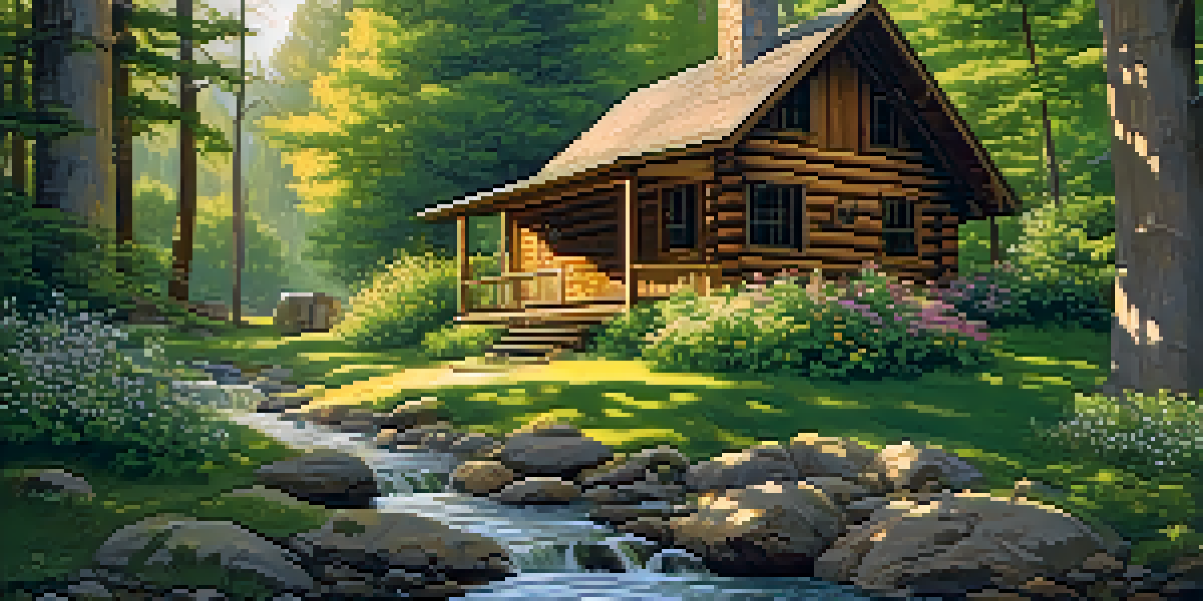 A peaceful forest cabin surrounded by tall trees and colorful flowers, with sunlight filtering through leaves.