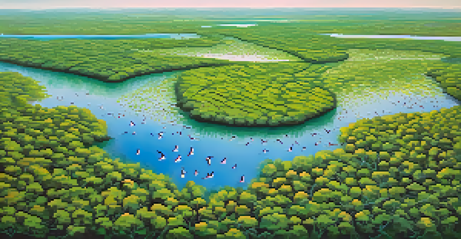 Aerial view of Bharatpur Bird Sanctuary, highlighting wetlands and flocks of birds in flight.