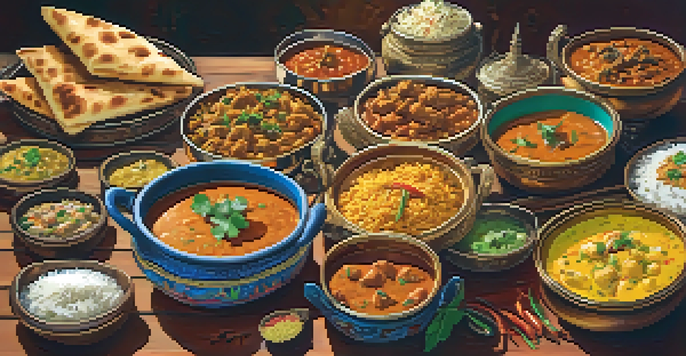 A colorful display of North Indian cuisine including butter chicken, naan, and biryani, with spices in bowls on a wooden table under soft golden lighting.
